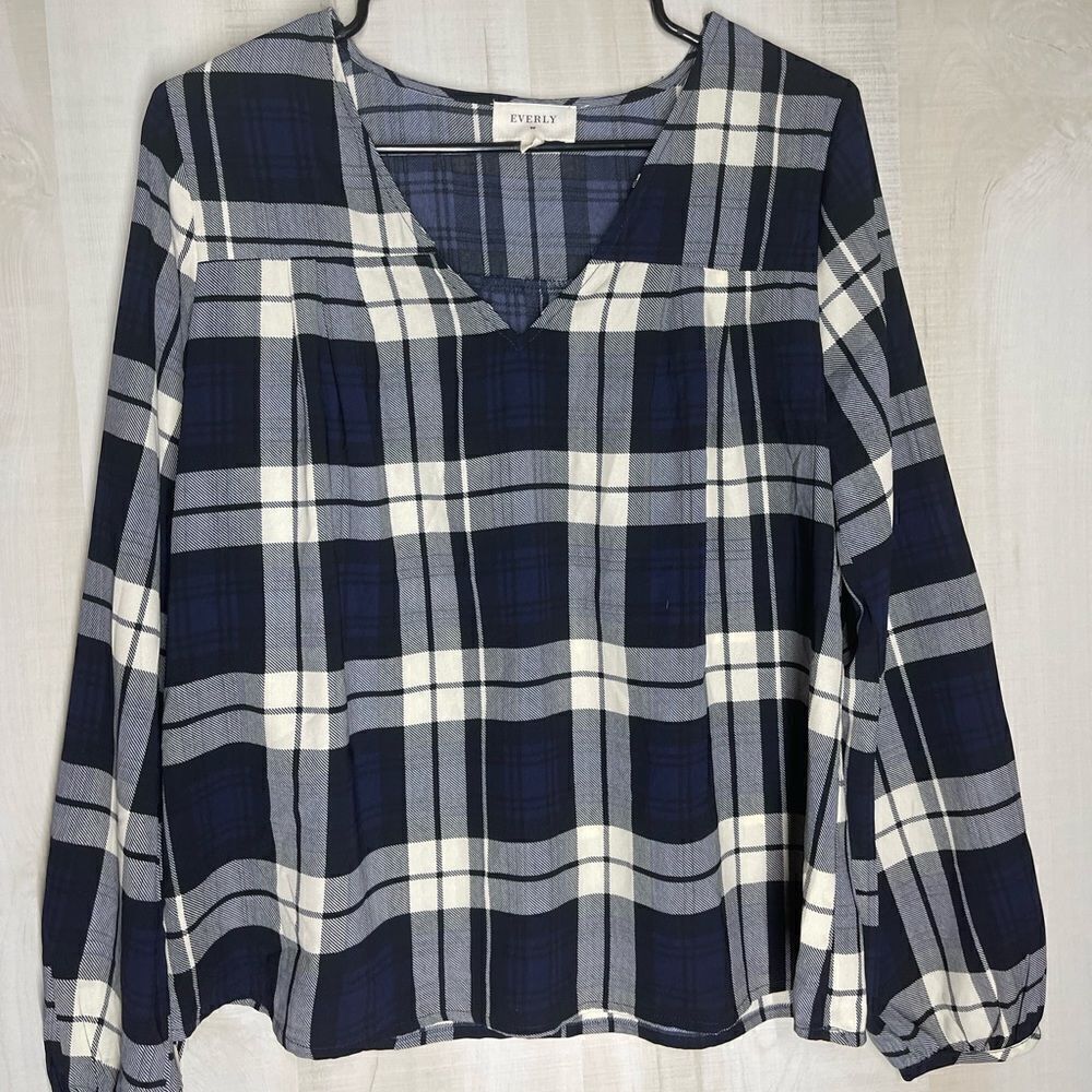 Everly black, white, and blue‎ plaid top, size small